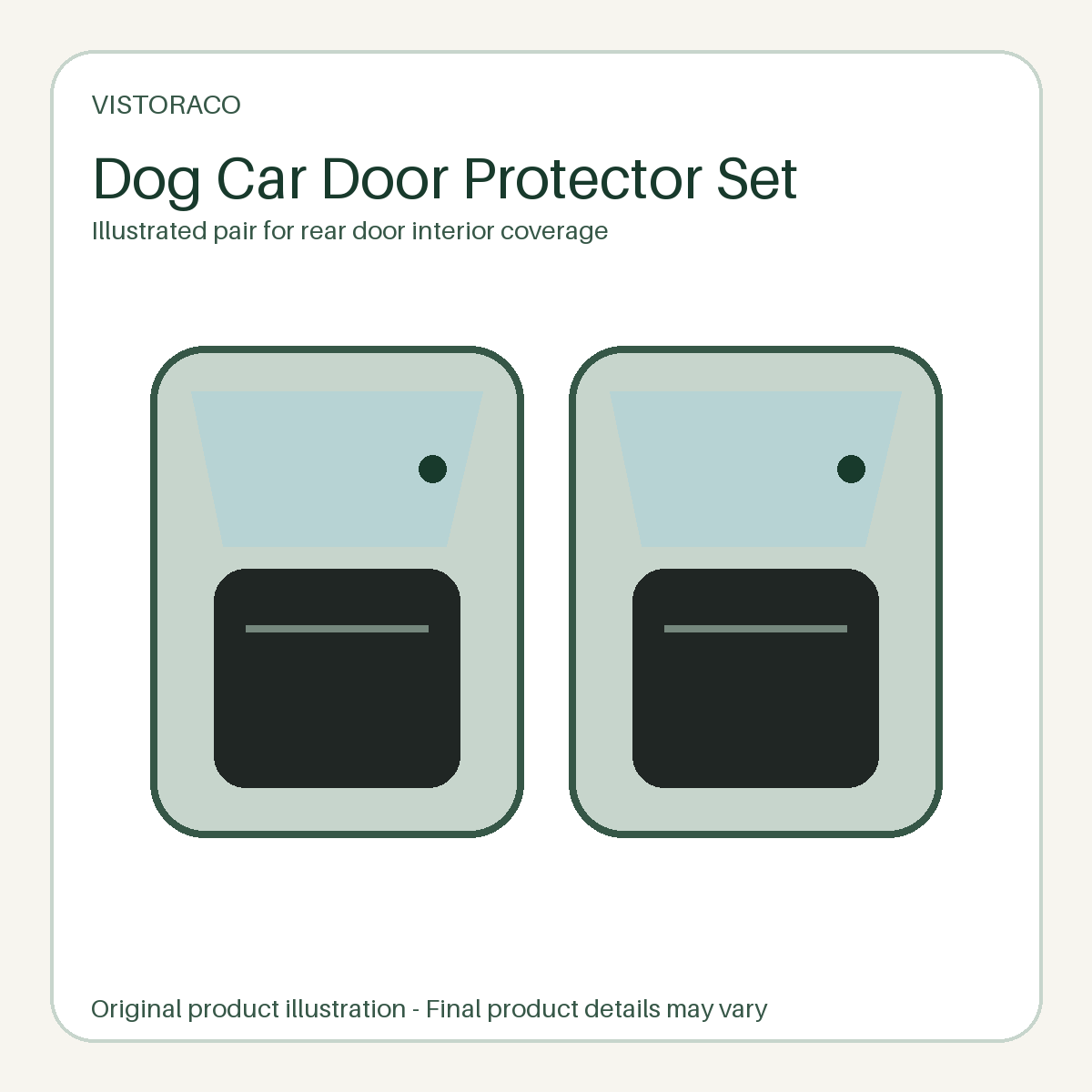 VistoraCo illustration of a two-piece dog car door protector format